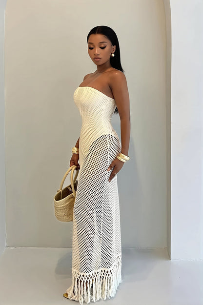 Solid Hollow Out Knitted Slim Vacation Maxi Dress