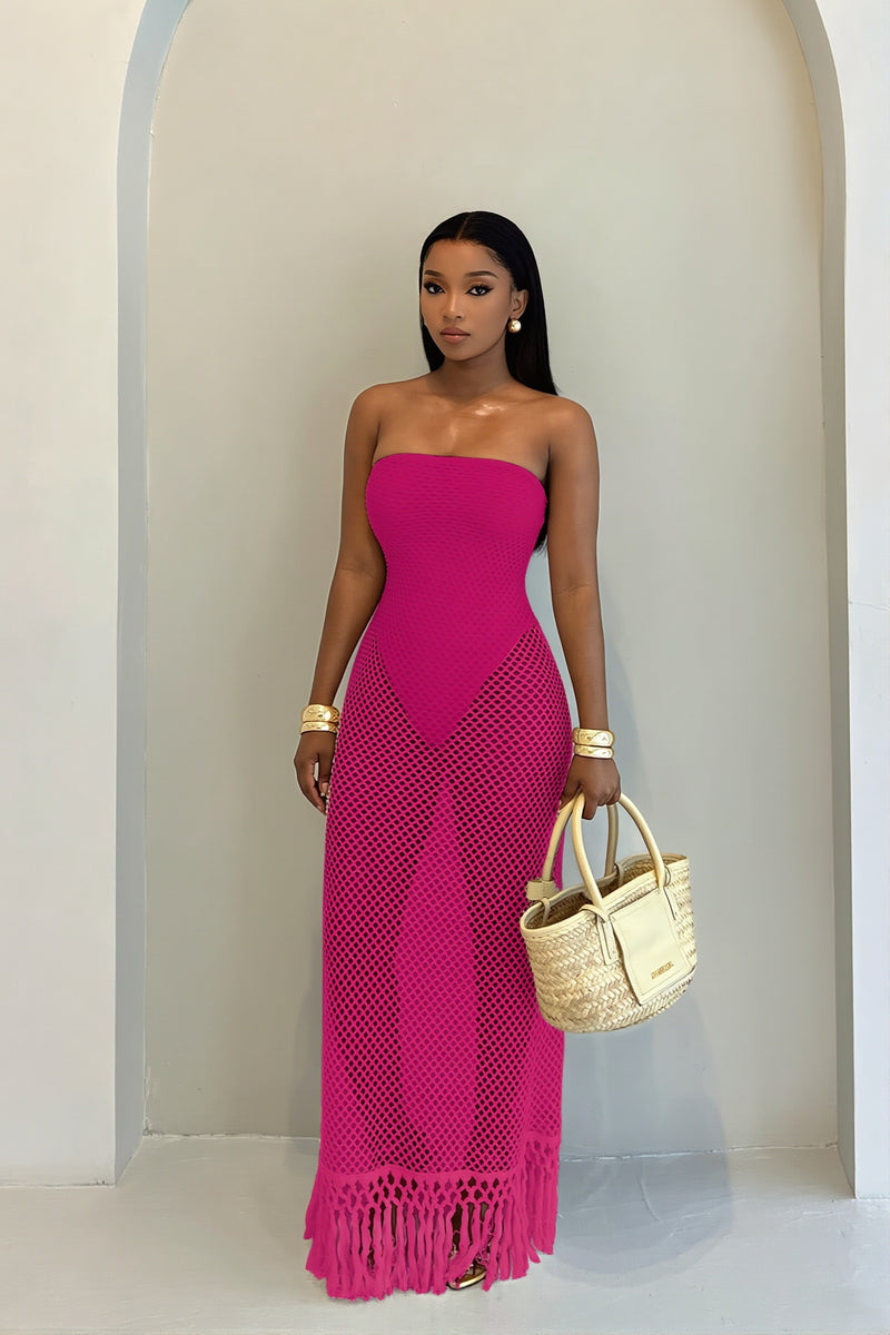 Solid Hollow Out Knitted Slim Vacation Maxi Dress