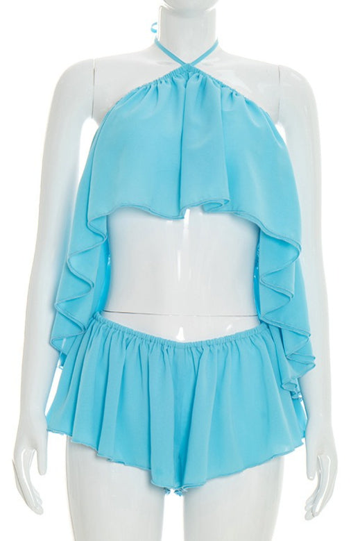 Solid Lace Ruffle Halter Two Piece Set
