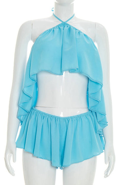 Solid Lace Ruffle Halter Two Piece Set