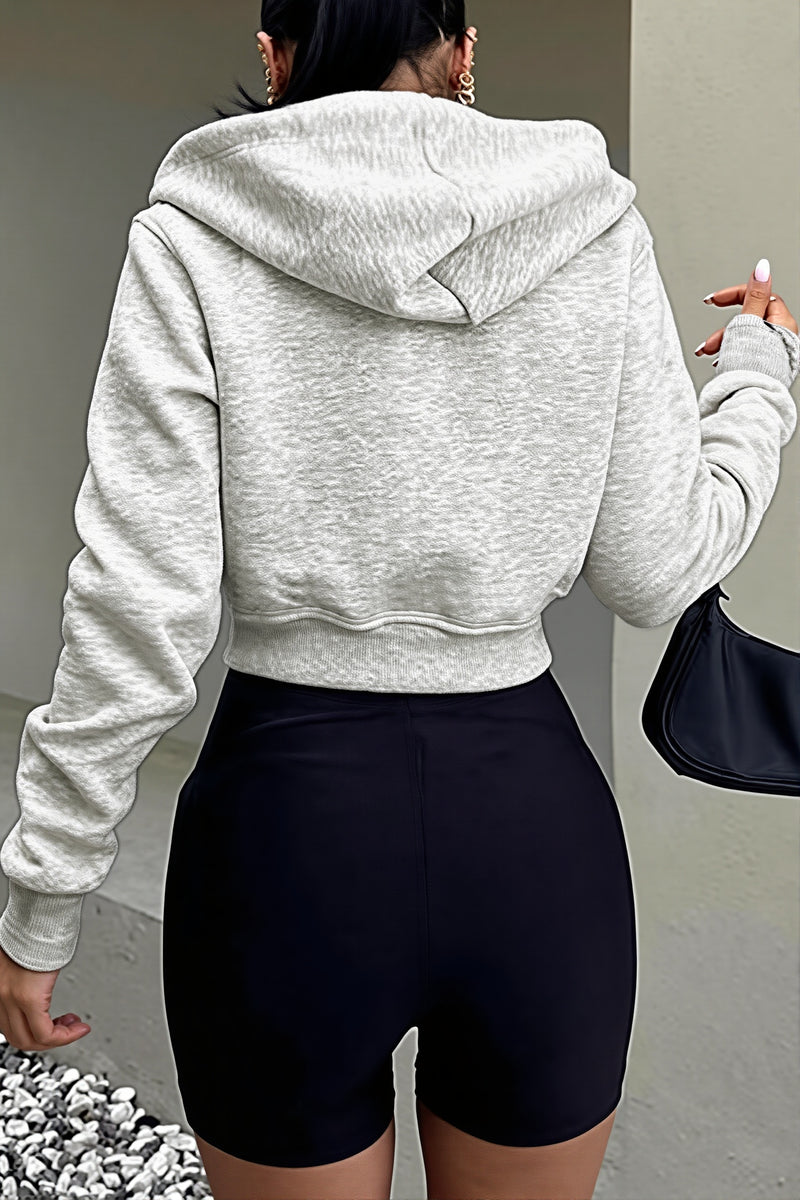 Solid Long Sleeve Zip Cropped Hoodie