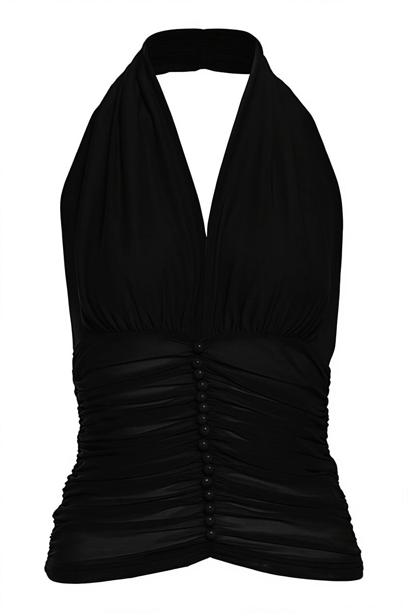 Solid Mesh Button Cropped Halter Top