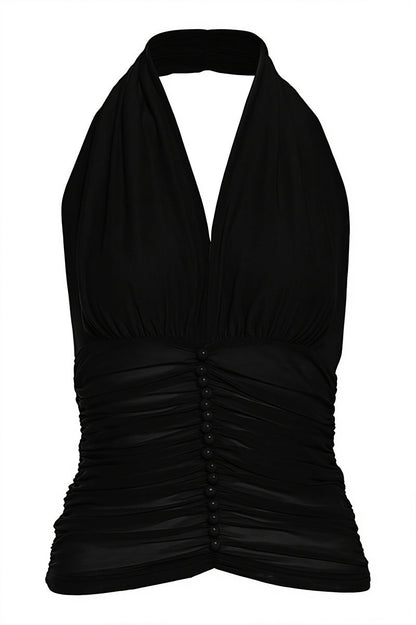 Solid Mesh Button Cropped Halter Top