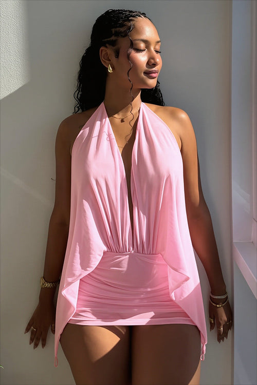 Solid Mesh Halter Backless Mini Dress
