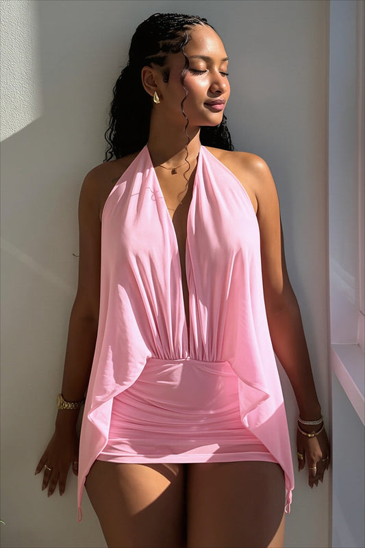 Solid Mesh Halter Backless Mini Dress