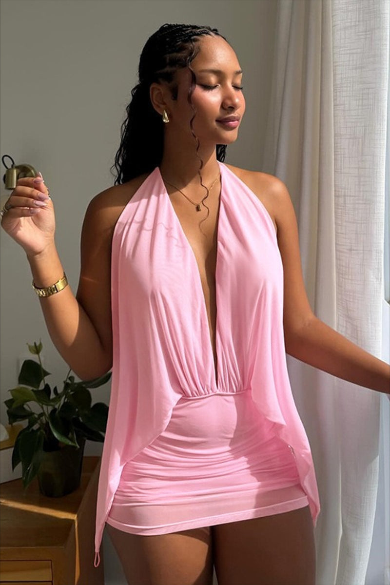 Solid Mesh Halter Backless Mini Dress
