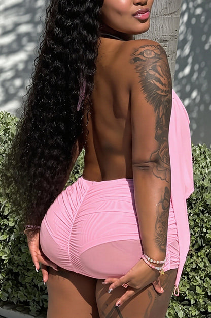 Solid Mesh Halter Backless Mini Dress