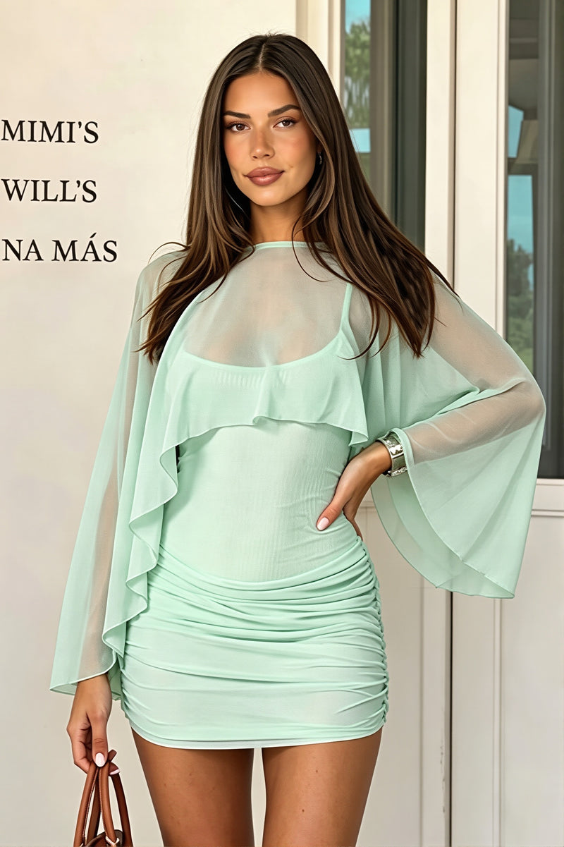 Solid Mesh Shrug Cami Mini Dress