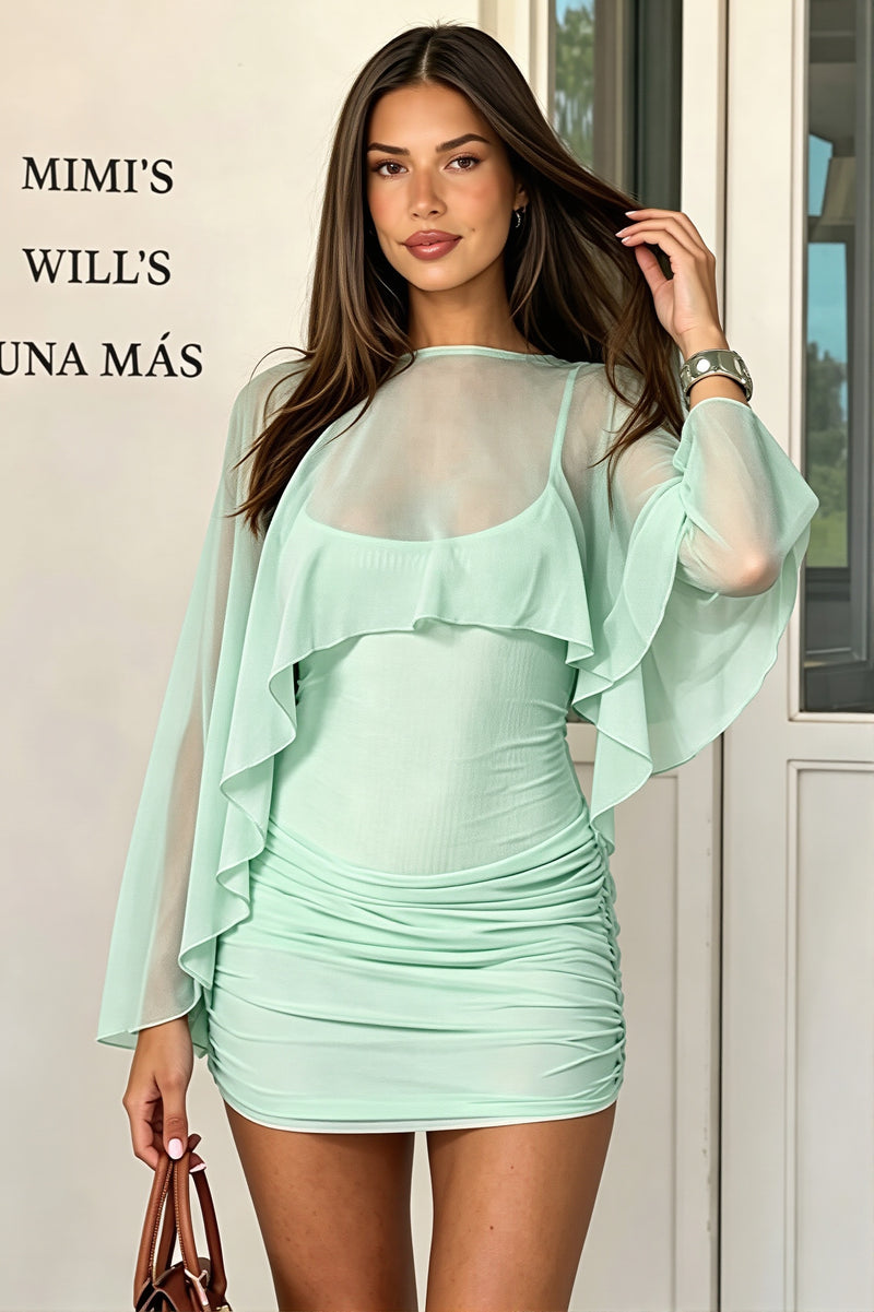 Solid Mesh Shrug Cami Mini Dress