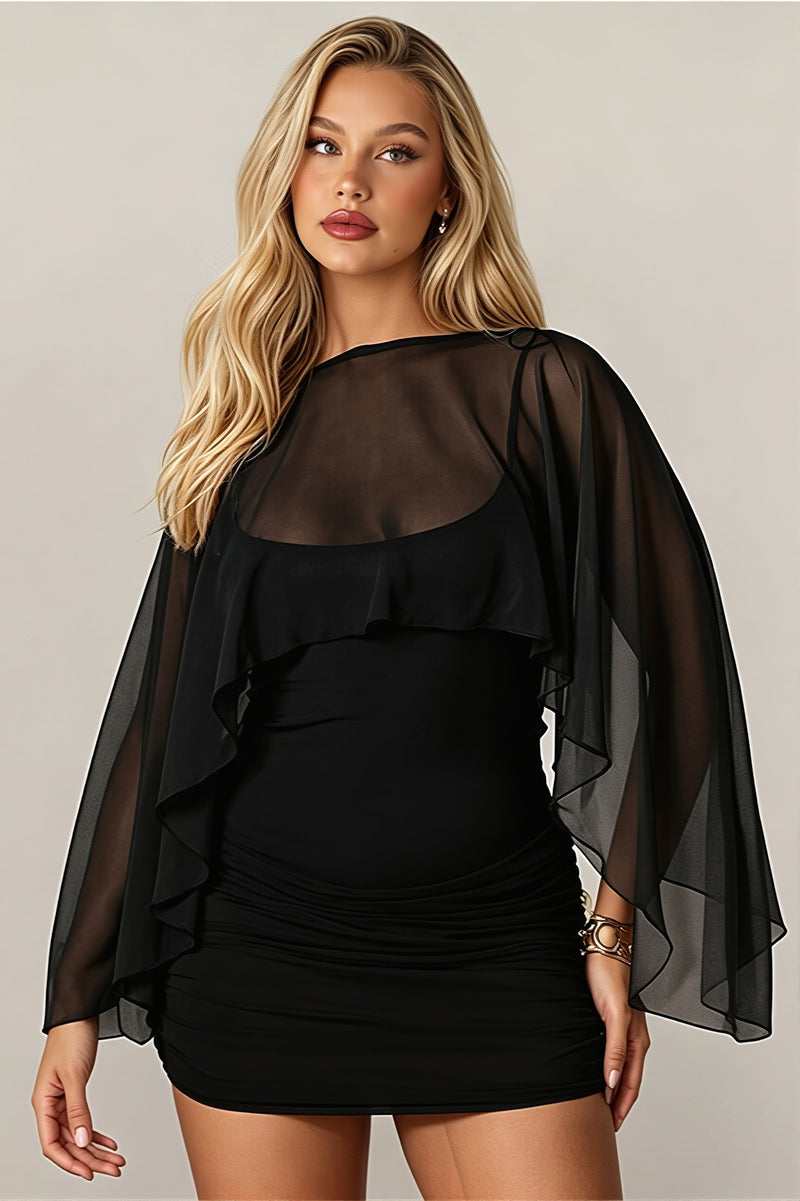 Solid Mesh Shrug Cami Mini Dress