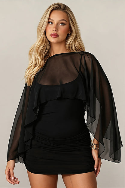Solid Mesh Shrug Cami Mini Dress