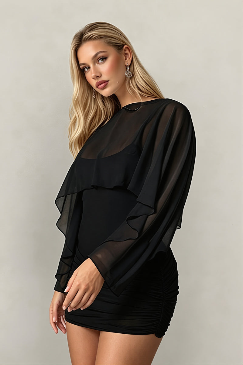 Solid Mesh Shrug Cami Mini Dress