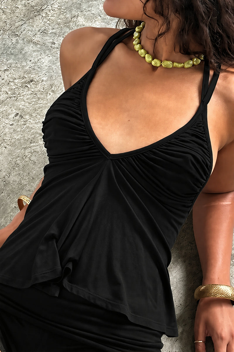 Solid Ruched Deep V Backless Halter Top
