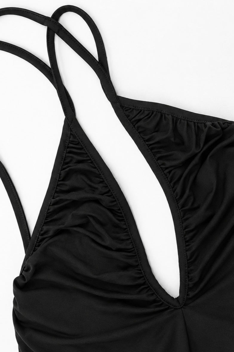 Solid Ruched Deep V Backless Halter Top