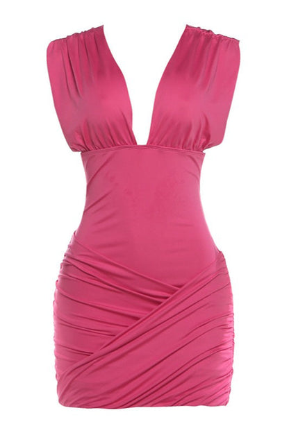Solid Ruched Deep V Waist Cinch Sleeveless Mini Dress