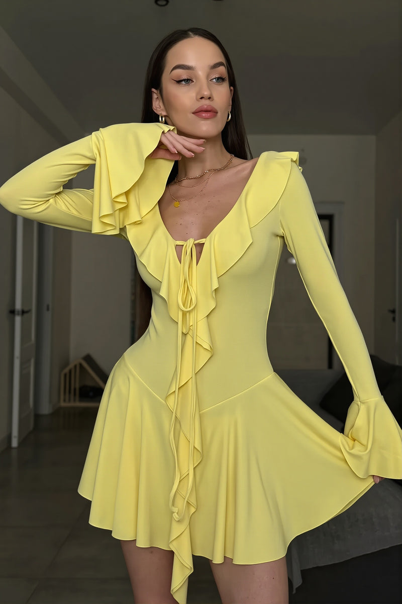 Solid Ruffle Flare Tie Bodycon Mini Dress