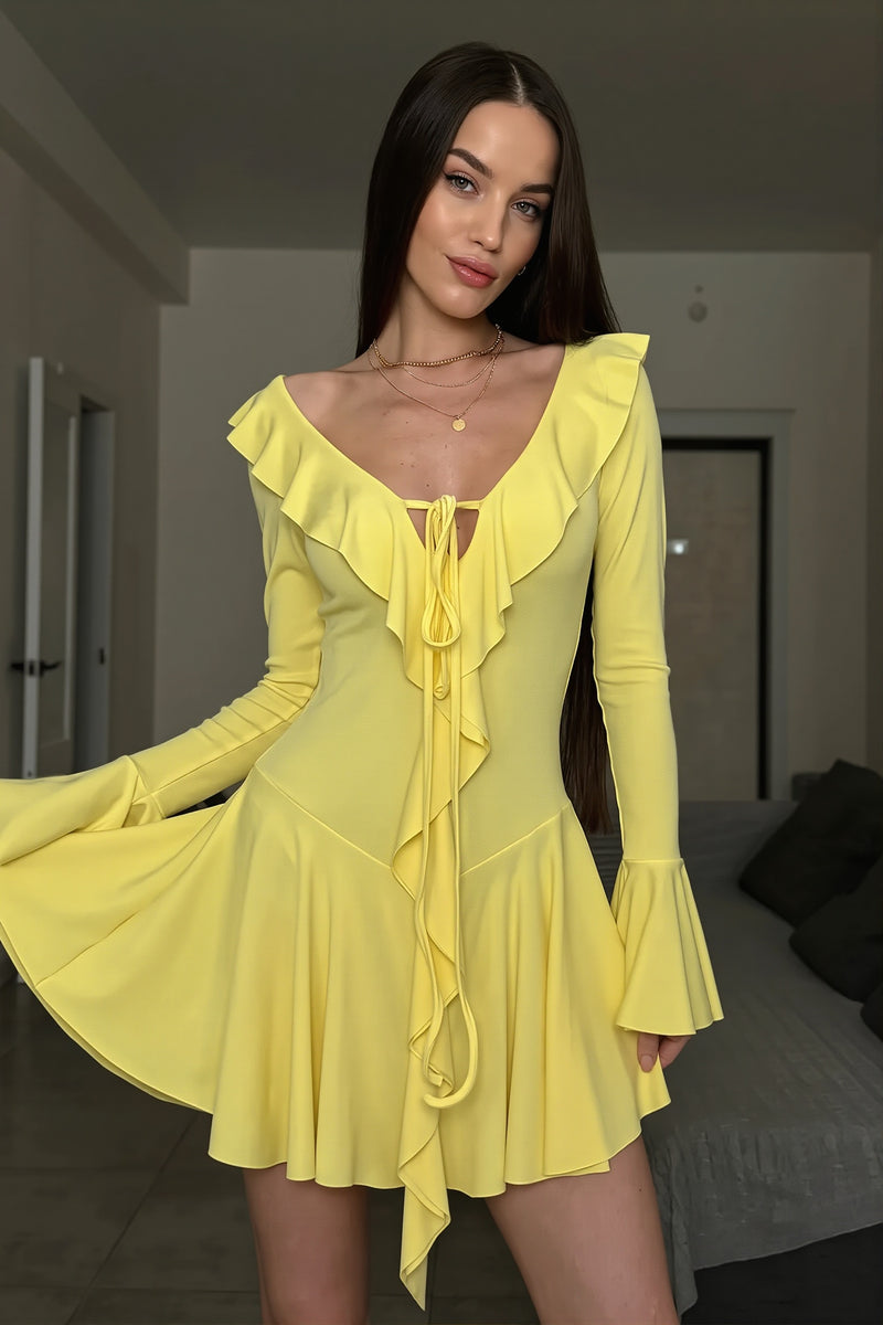Solid Ruffle Flare Tie Bodycon Mini Dress