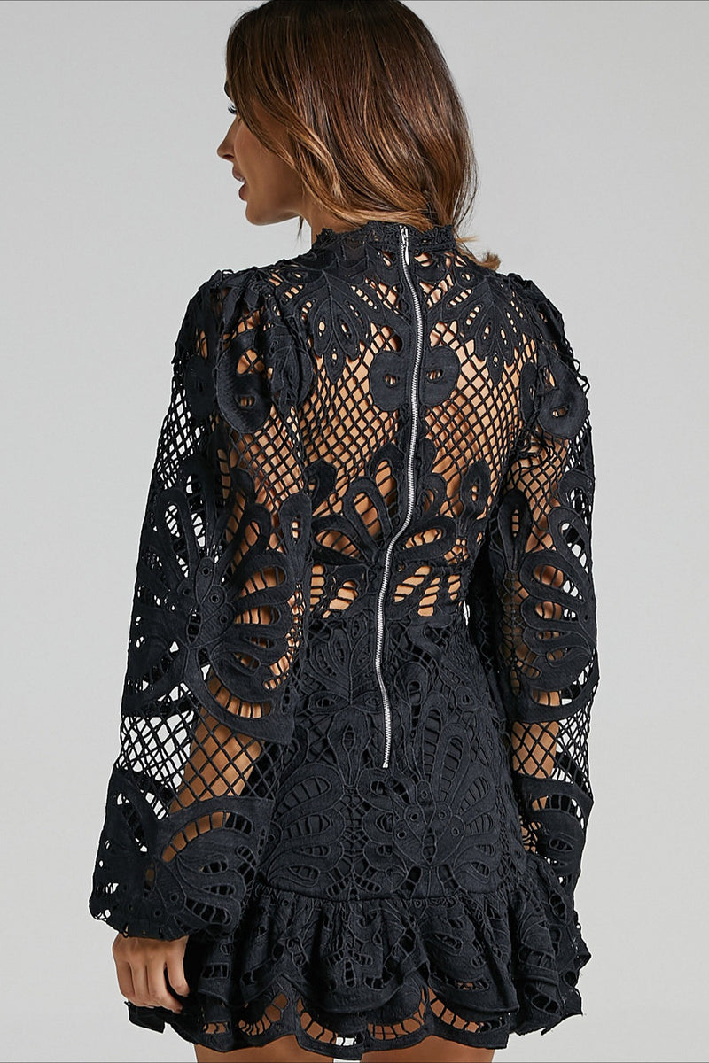 Solid Ruffle Hollow Lace Mini Dress