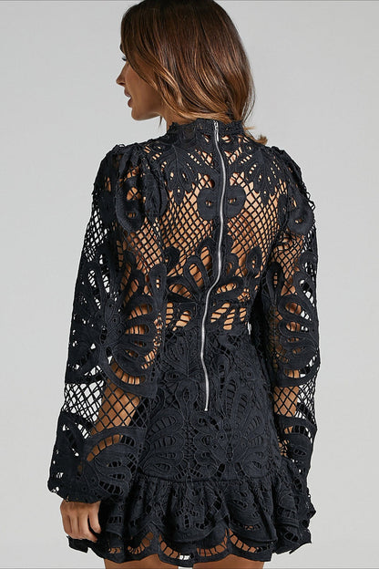 Solid Ruffle Hollow Lace Mini Dress