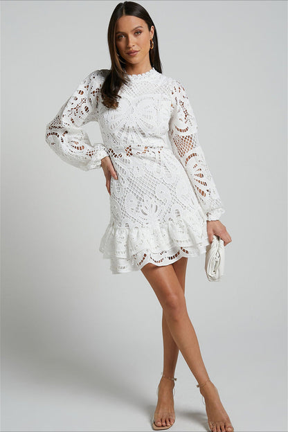 Solid Ruffle Hollow Lace Mini Dress