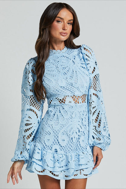 Solid Ruffle Hollow Lace Mini Dress