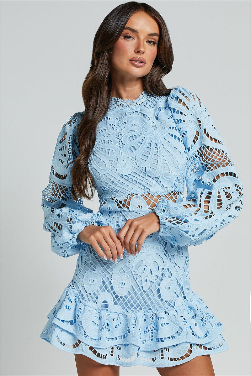 Solid Ruffle Hollow Lace Mini Dress