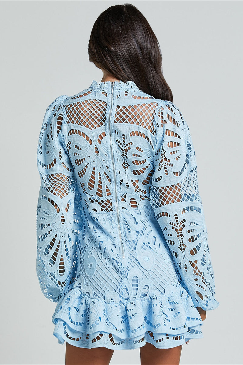 Solid Ruffle Hollow Lace Mini Dress