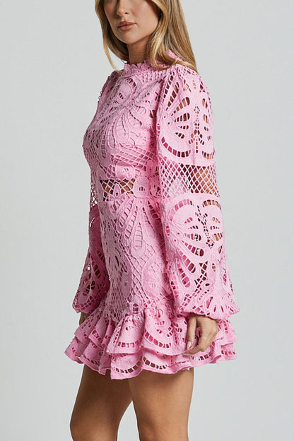 Solid Ruffle Hollow Lace Mini Dress
