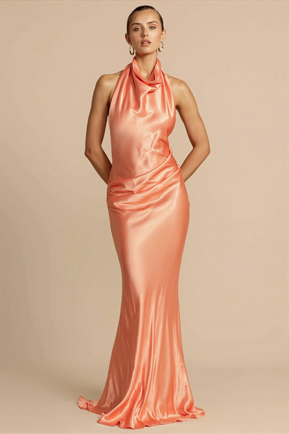 Solid Satin Halter Backless Maxi Dress