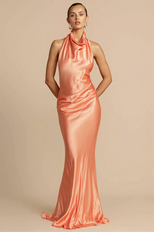 Solid Satin Halter Backless Maxi Dress