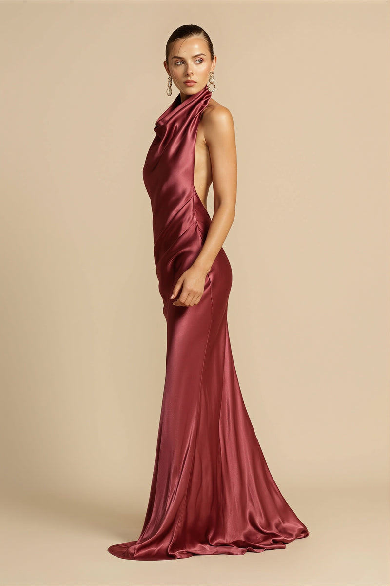 Solid Satin Halter Backless Maxi Dress