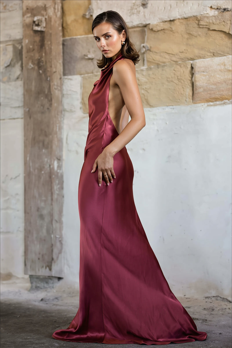 Solid Satin Halter Backless Maxi Dress