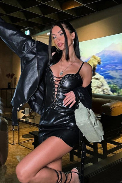 Solid Sexy Deep V Tie Leather Cami Mini Dress