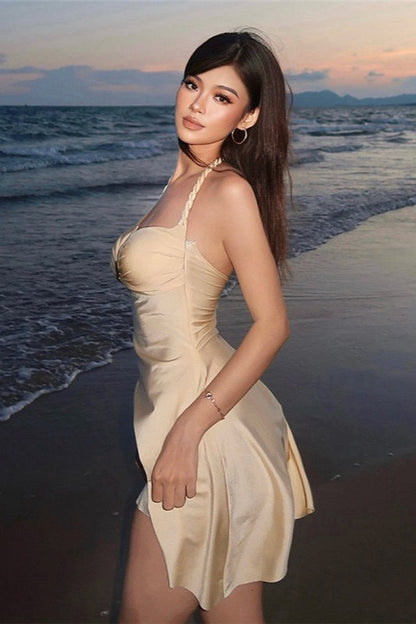 Solid Sexy Halter Bandeau Waist Cinched Mini Dress