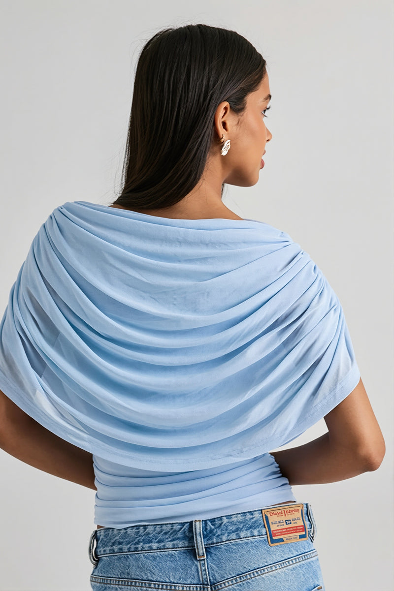 Solid Sheer Ruffle Scarf Neck Blouse