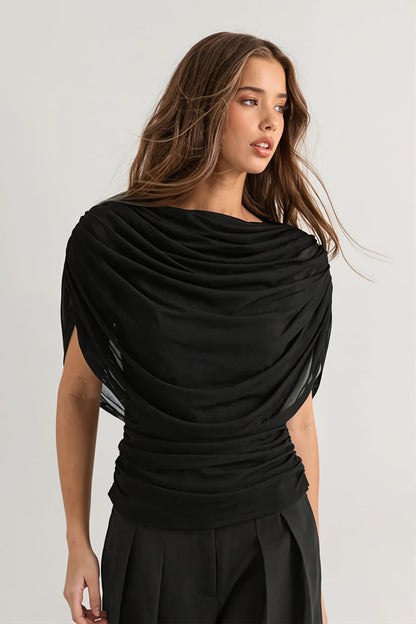 Solid Sheer Ruffle Scarf Neck Blouse