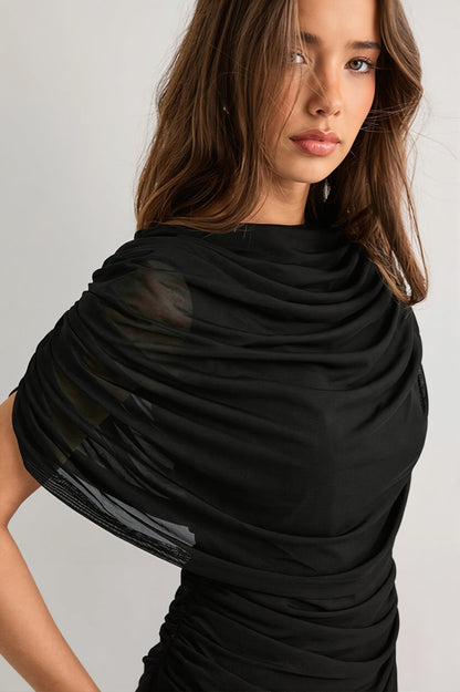 Solid Sheer Ruffle Scarf Neck Blouse