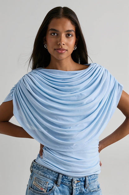 Solid Sheer Ruffle Scarf Neck Blouse