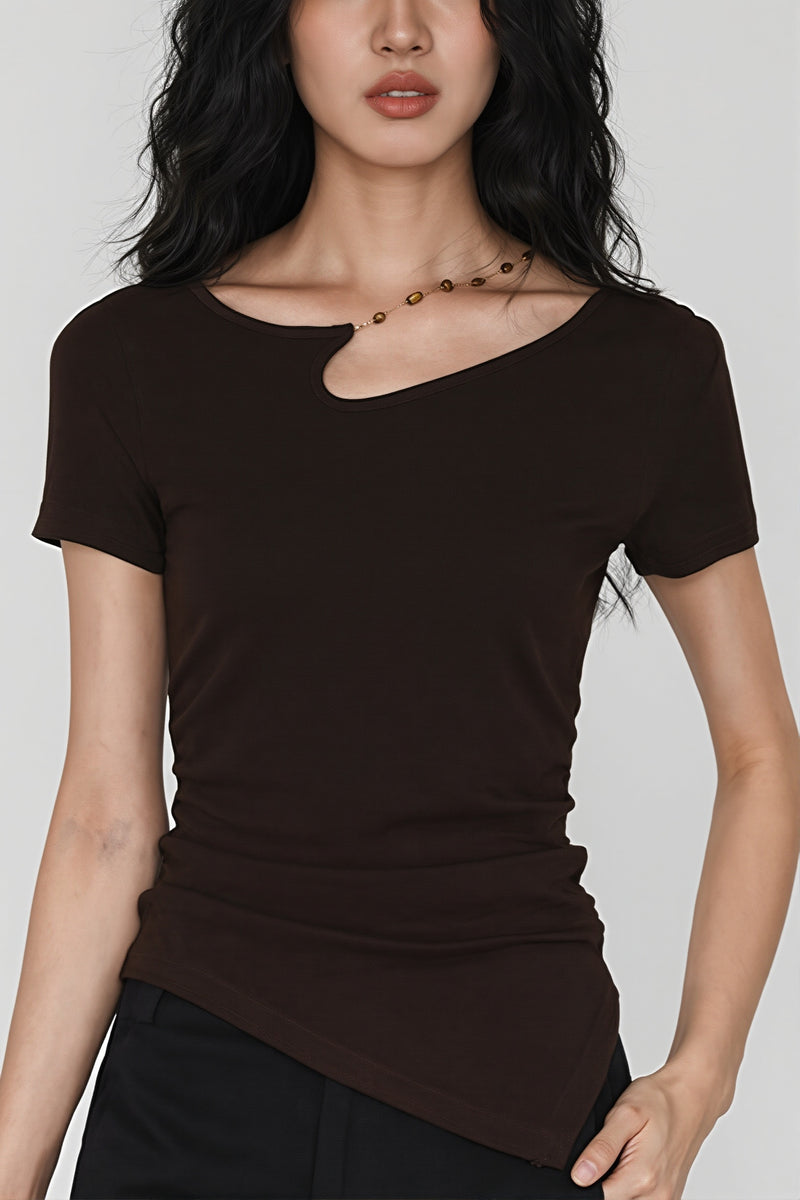 Solid Simple Beaded Hollow Neck T-Shirt