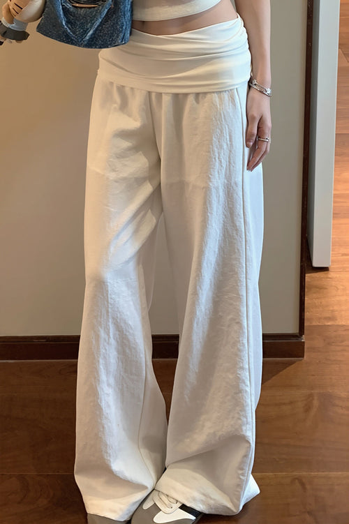 Solid Simple Fold Waist Casual Pants