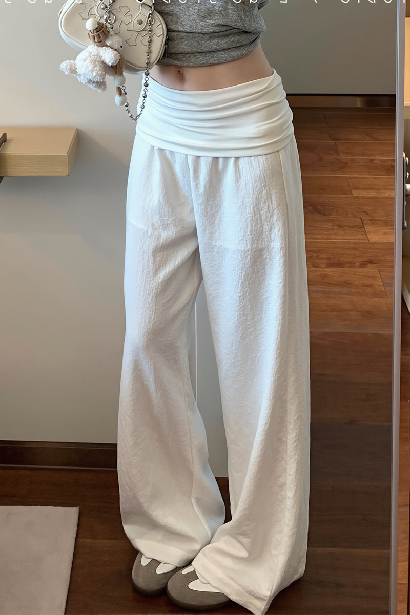 Solid Simple Fold Waist Casual Pants