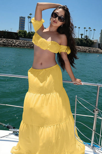 Solid Strapless Tie Ruched Tiered Skirt Sets
