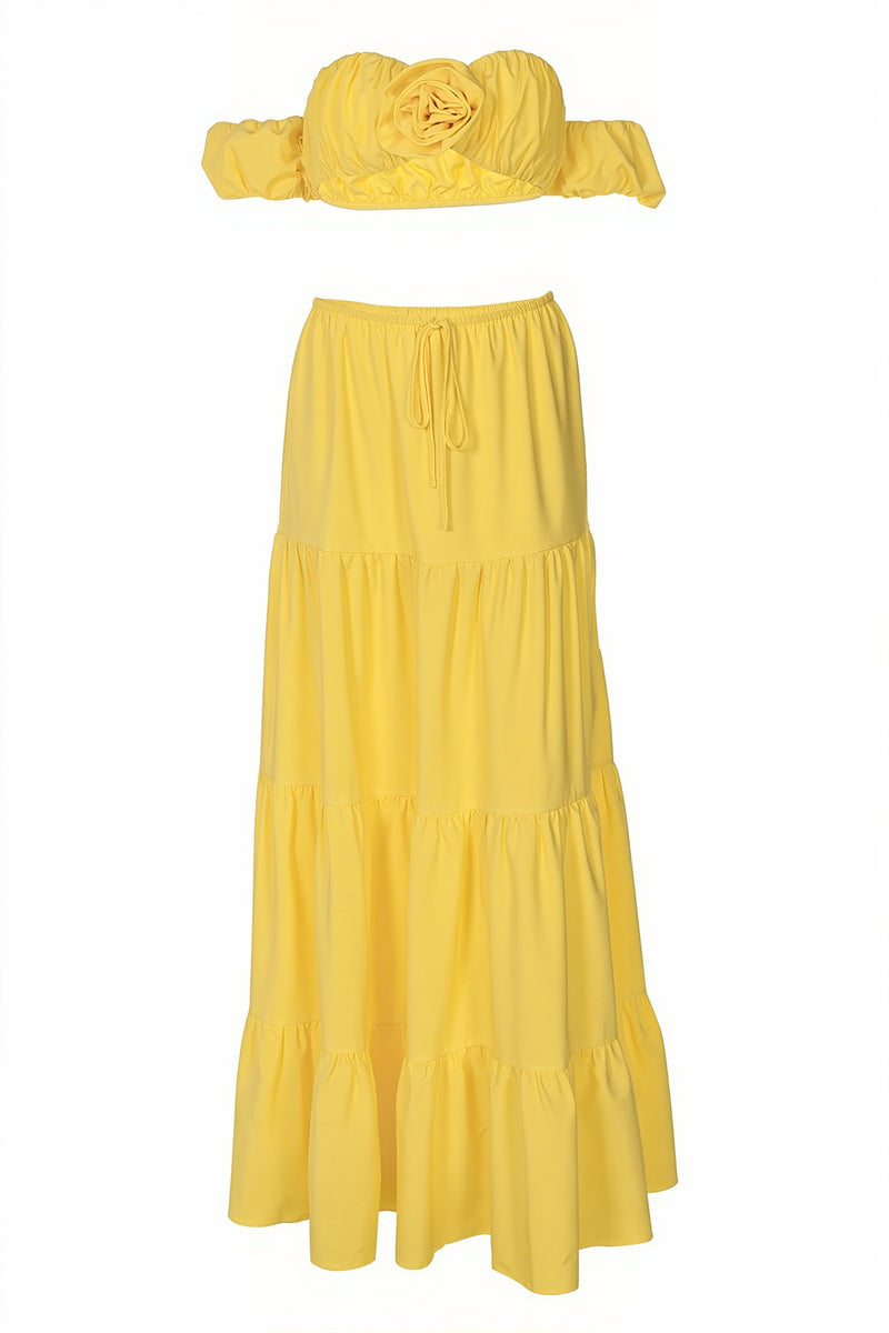Solid Strapless Tie Ruched Tiered Skirt Sets