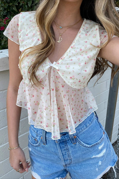 Solid V Neck Floral Mesh Blouse