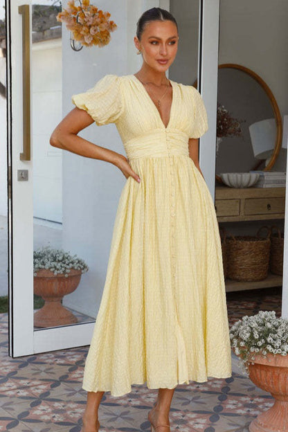 Solid V Neck Puff Sleeve Flared Midi Dress