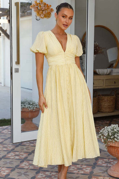 Solid V Neck Puff Sleeve Flared Midi Dress