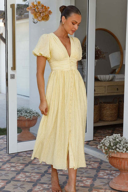 Solid V Neck Puff Sleeve Flared Midi Dress