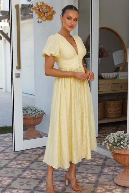 Solid V Neck Puff Sleeve Flared Midi Dress