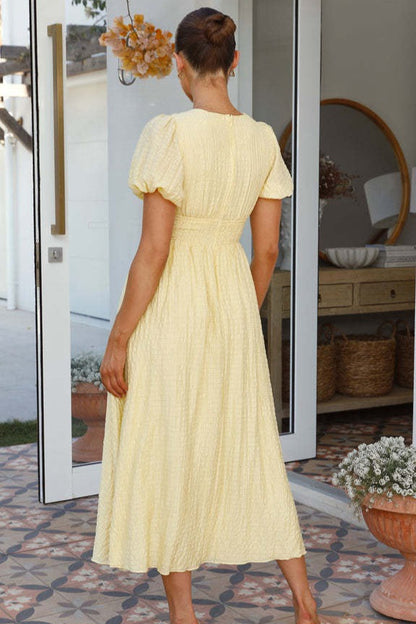 Solid V Neck Puff Sleeve Flared Midi Dress