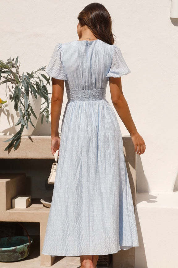 Solid V Neck Puff Sleeve Flared Midi Dress